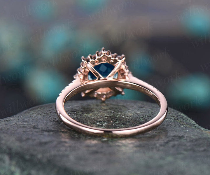 Cluster moissanite halo ring London blue topaz engagement ring rose gold topaz ring gold women vintage gold wedding November birthstone ring