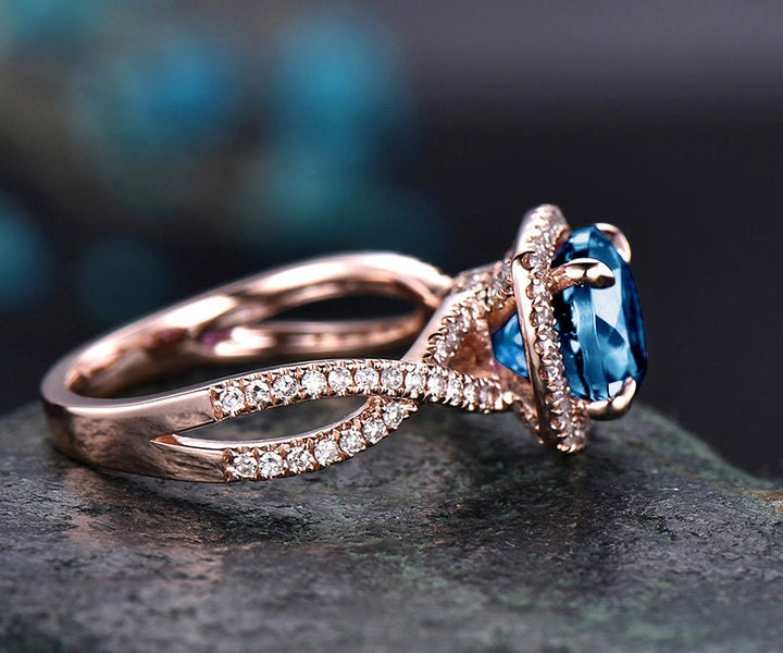 London blue topaz engagement ring rose gold round topaz ring women vintage unique infinity diamond halo November birthstone wedding ring