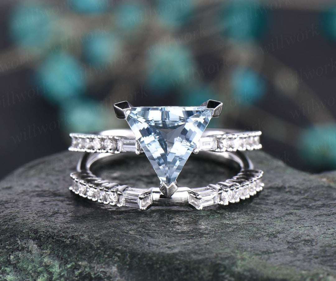 2pcs trillion cut aquamarine engagement ring set 14k white gold real diamond vintage antique unique March birthstone wedding bridal ring set