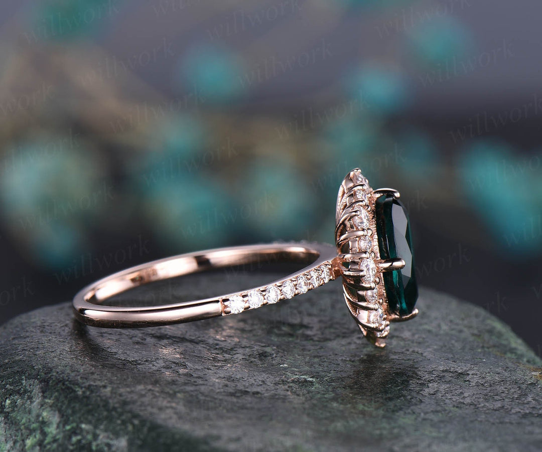 7x9mm oval cut green emerald engagement ring rose gold moissanite halo ring May birthstone emerald bridal wedding anniversary ring antique