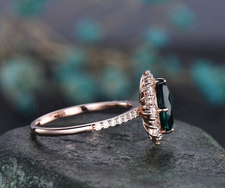 7x9mm oval cut green emerald engagement ring rose gold moissanite halo ring May birthstone emerald bridal wedding anniversary ring antique