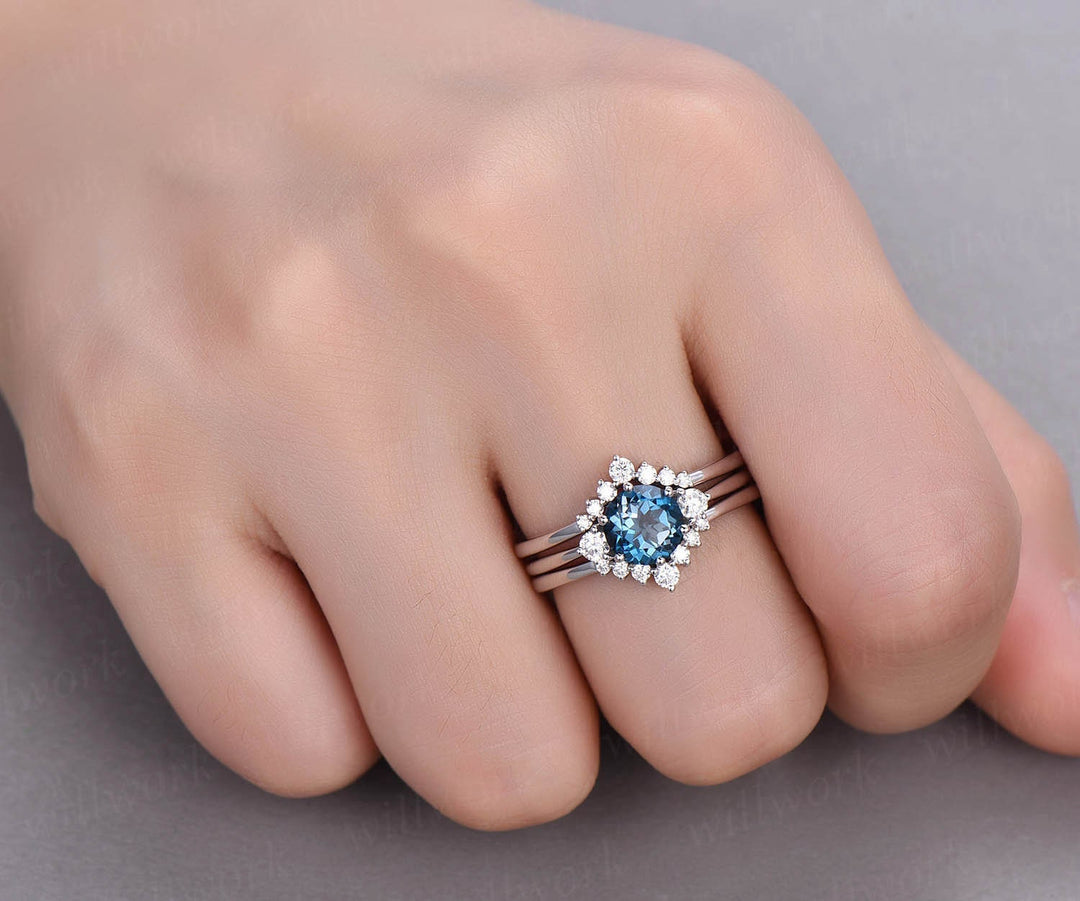 3pcs London blue topaz engagement ring set rose gold topaz ring vintage white gold moissanite matching stack women wedding bridal ring set