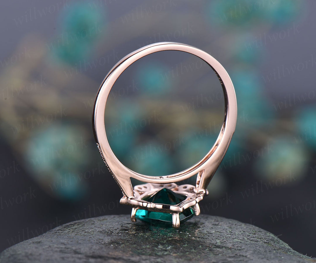 Flower cluster diamond halo ring green emerald engagement ring rose gold cushion emerald ring vintage antique May birthstone wedding ring