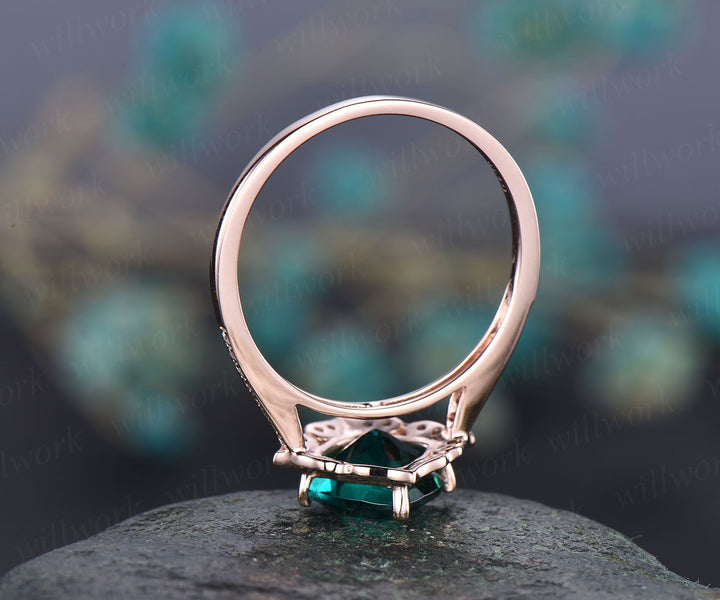 Flower cluster diamond halo ring green emerald engagement ring rose gold cushion emerald ring vintage antique May birthstone wedding ring