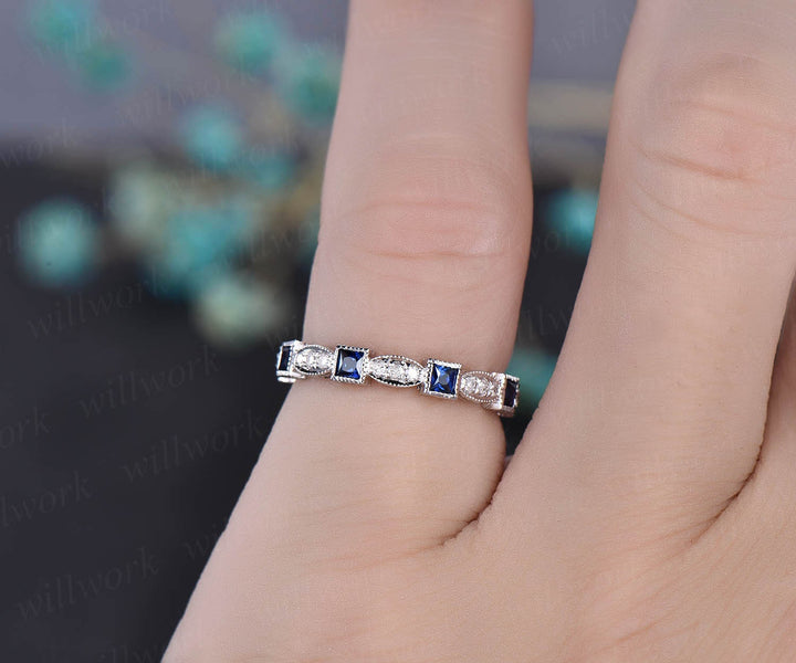 Princess cut natural sapphire wedding ring band art deco full eternity diamond wedding band white yellow rose gold engagement ring antique