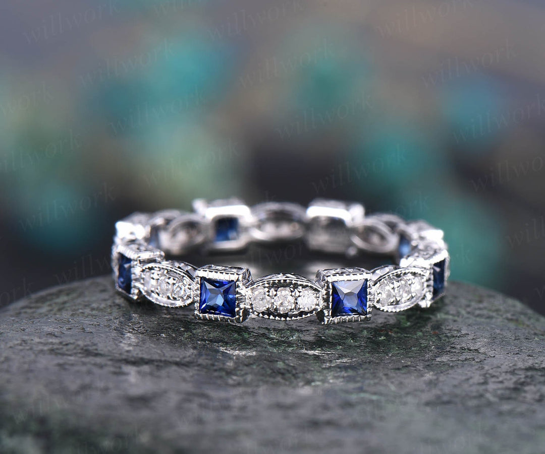 Princess cut natural sapphire wedding ring band art deco full eternity diamond wedding band white yellow rose gold engagement ring antique
