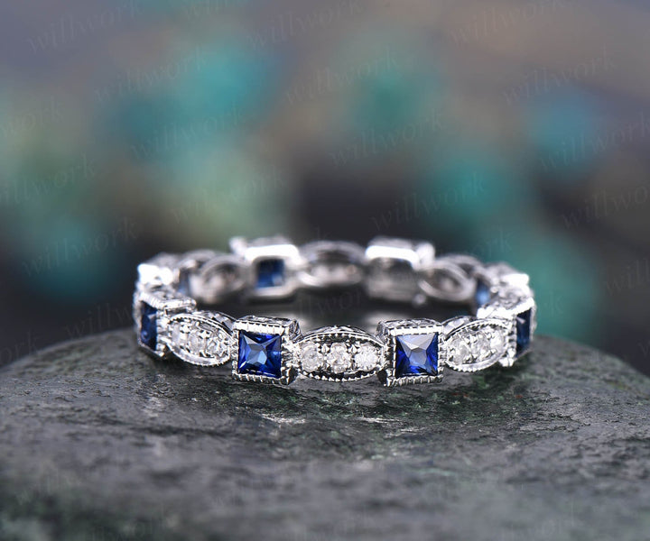 Princess cut natural sapphire wedding ring band art deco full eternity diamond wedding band white yellow rose gold engagement ring antique