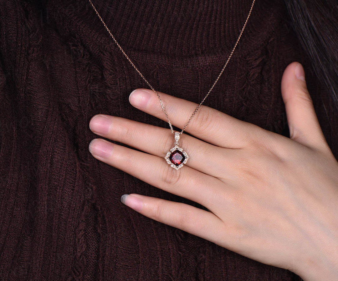 Flower halo real diamond red garnet necklace cushion garnet necklace 14k rose gold pendant January birthstone necklace dainty unique vintage