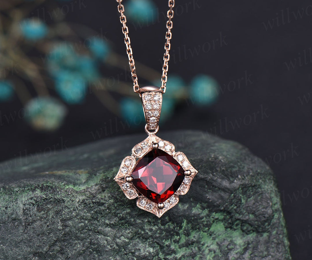 Flower halo real diamond red garnet necklace cushion garnet necklace 14k rose gold pendant January birthstone necklace dainty unique vintage