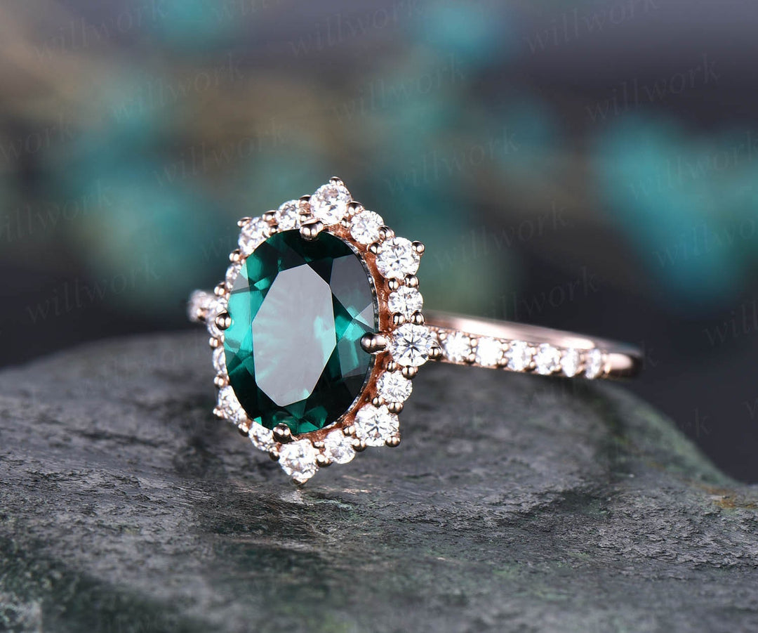 7x9mm oval cut green emerald engagement ring rose gold moissanite halo ring May birthstone emerald bridal wedding anniversary ring antique