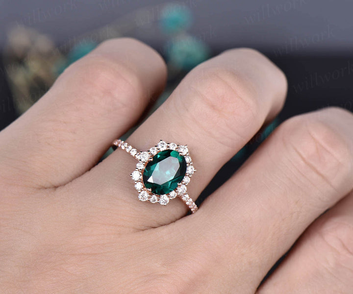 7x9mm oval cut green emerald engagement ring rose gold moissanite halo ring May birthstone emerald bridal wedding anniversary ring antique