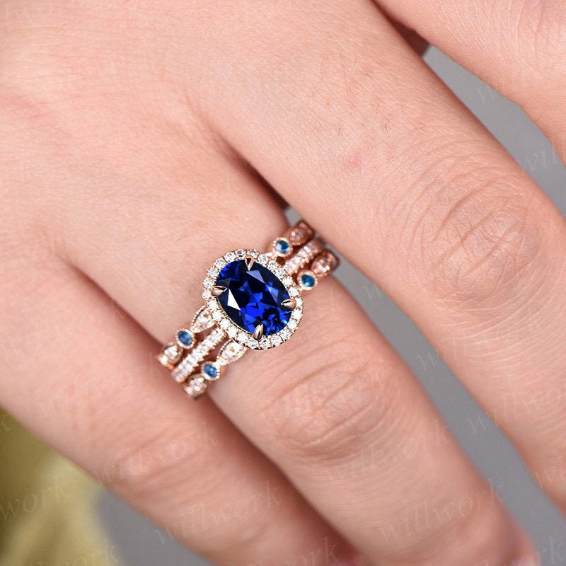 3pcs blue sapphire ring vintage sapphire engagement ring set rose gold for women diamond halo natural sapphire wedding band bridal ring set