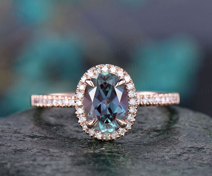 Vintage Alexandrite engagement ring oval Alexandrite ring for women rose gold real diamond halo ring June birthstone ring anniversary gift