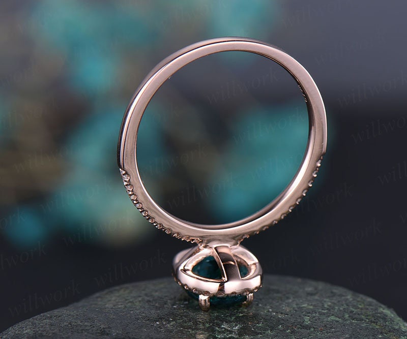 Vintage Alexandrite engagement ring oval Alexandrite ring for women rose gold real diamond halo ring June birthstone ring anniversary gift