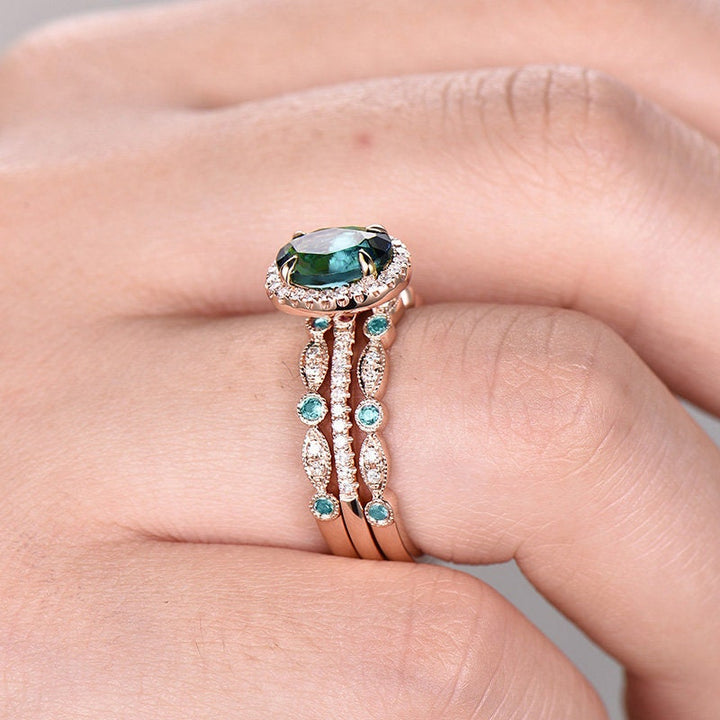 Vintage Unique oval cut Alexandrite engagement ring set rose gold ring set halo diamond ring set art deco bridal wedding ring set for women