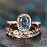 Oval cut Alexandrite engagement ring set vintage rose gold ring set marquise ring set unique wedding ring set diamond ring set women jewelry