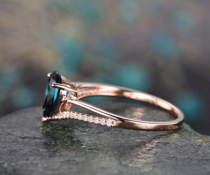 6X8mm Pear Alexandrite engagement ring rose gold diamond ring split shank stacking band gift unique antique wedding promise anniversary ring