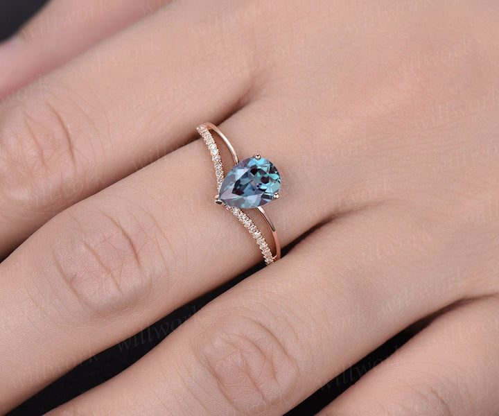 6X8mm Pear Alexandrite engagement ring rose gold diamond ring split shank stacking band gift unique antique wedding promise anniversary ring