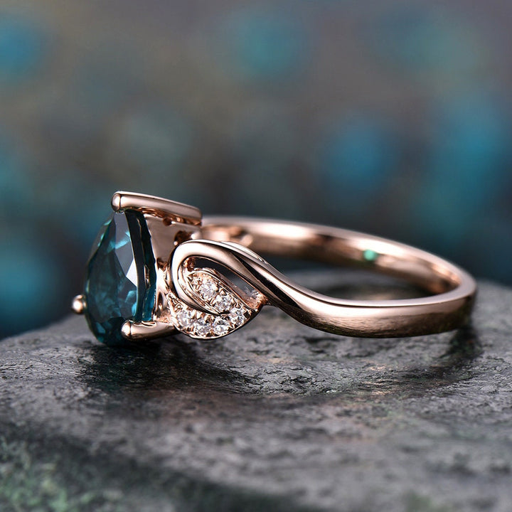 Flower antique Alexandrite ring gold vintage pear cut Alexandrite engagement ring rose gold real diamond June birthstone wedding women ring
