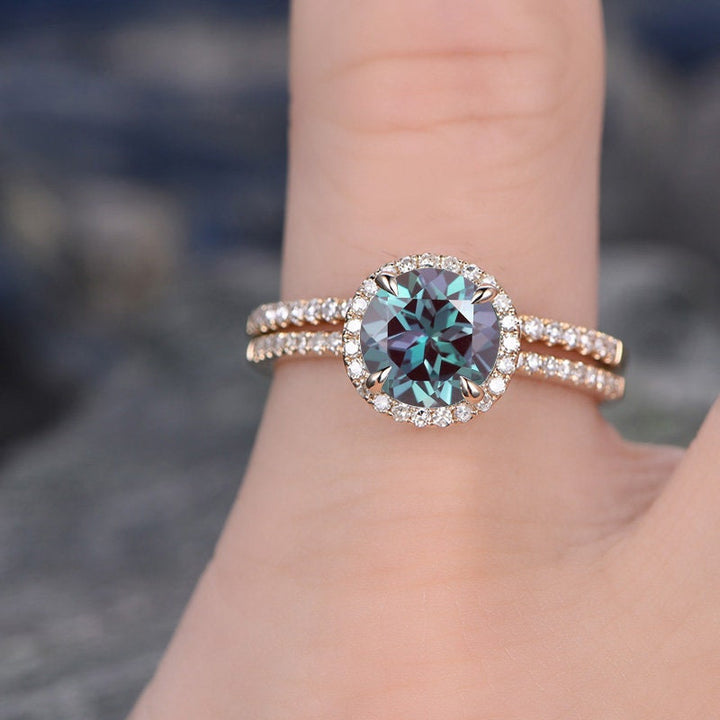 2pcs Alexandrite Ring Set Alexandrite Engagement Set Diamond Halo Alexandrite Wedding June Birthstone Ring Set Anniversary Gift For Her
