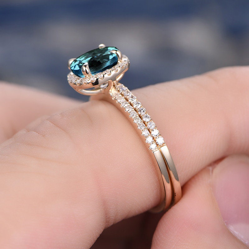 2pcs Alexandrite Ring Set Alexandrite Engagement Set Diamond Halo Alexandrite Wedding June Birthstone Ring Set Anniversary Gift For Her