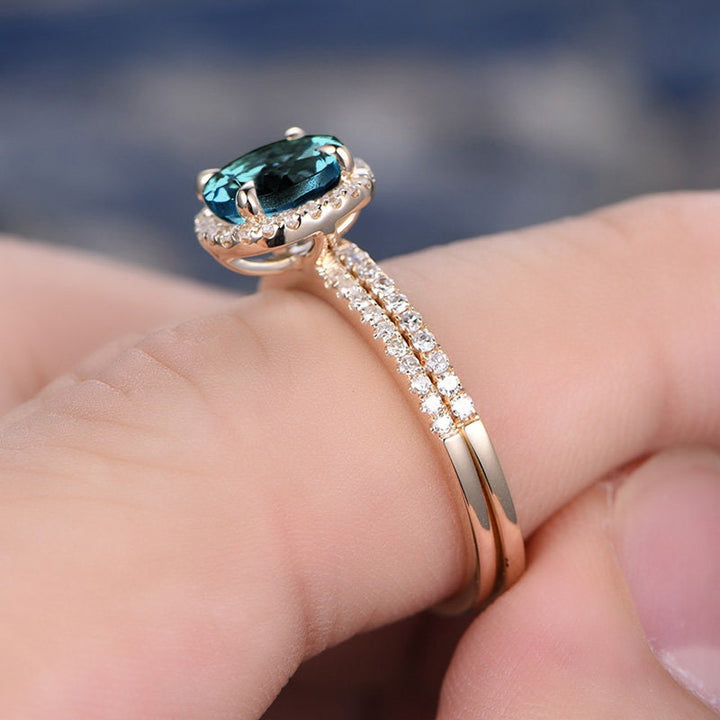 2pcs Alexandrite Ring Set Alexandrite Engagement Set Diamond Halo Alexandrite Wedding June Birthstone Ring Set Anniversary Gift For Her