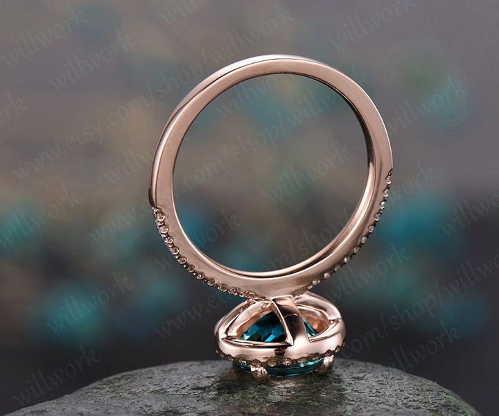 Diamond halo ring unique Alexandrite engagement ring rose gold 8mm round cut Alexandrite ring vintage June birthstone ring anniversary ring