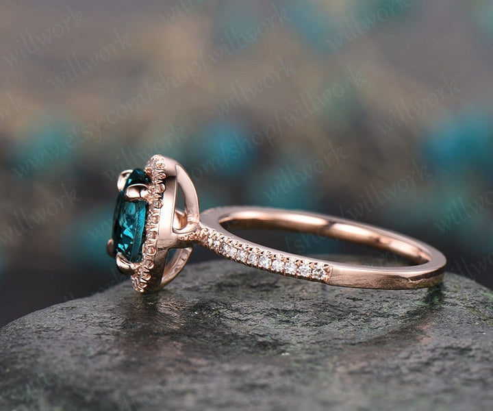 Diamond halo ring unique Alexandrite engagement ring rose gold 8mm round cut Alexandrite ring vintage June birthstone ring anniversary ring