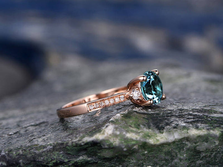 Three stone engagement ring Alexandrite engagement ring rose gold real diamond ring vintage June birthstone ring wedding anniversary ring