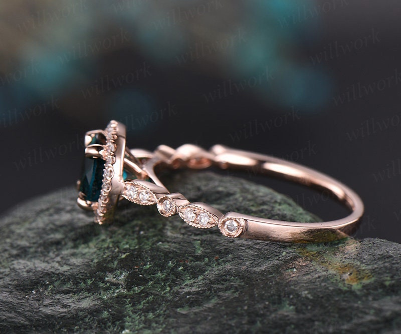 Art deco diamond halo ring color change alexandrite engagement ring rose gold marquise June birthstone ring wedding bridal anniversary ring