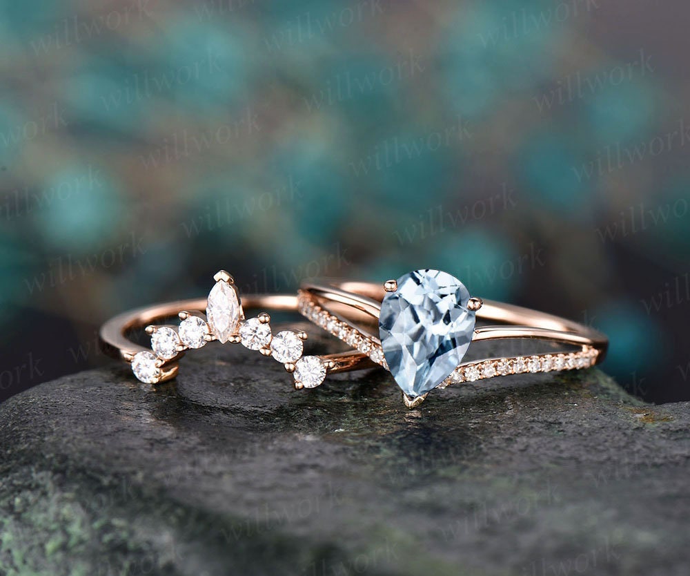 2pc aquamarine engagement ring set rose gold diamond ring split shank moissanite band vintage stack crown wedding bridal promise ring set