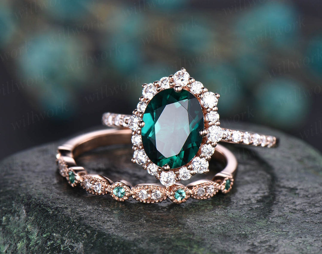 7x9mm oval green emerald engagement ring set rose gold moissanite halo May birthstone 2pcs natural emerald diamond wedding bridal ring set