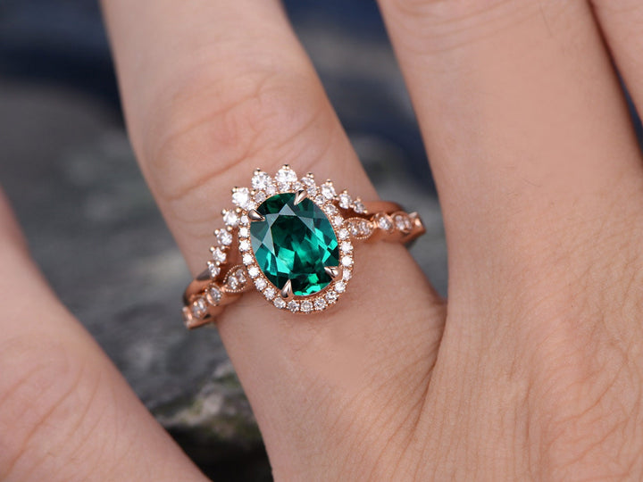 2pcs emerald bridal ring set green emerald engagement ring set rose gold marquise diamond halo ring moissanite crown wedding ring band gift