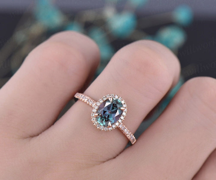 Vintage Alexandrite engagement ring oval Alexandrite ring for women rose gold real diamond halo ring June birthstone ring anniversary gift
