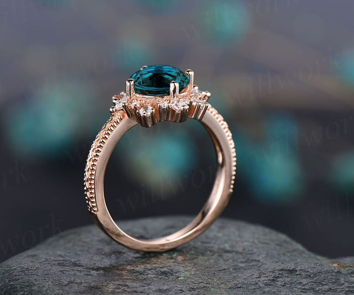 1ct Round cut Alexandrite ring vintage unique cluster engagement ring 14k rose gold silver antique anniversary promise wedding ring women