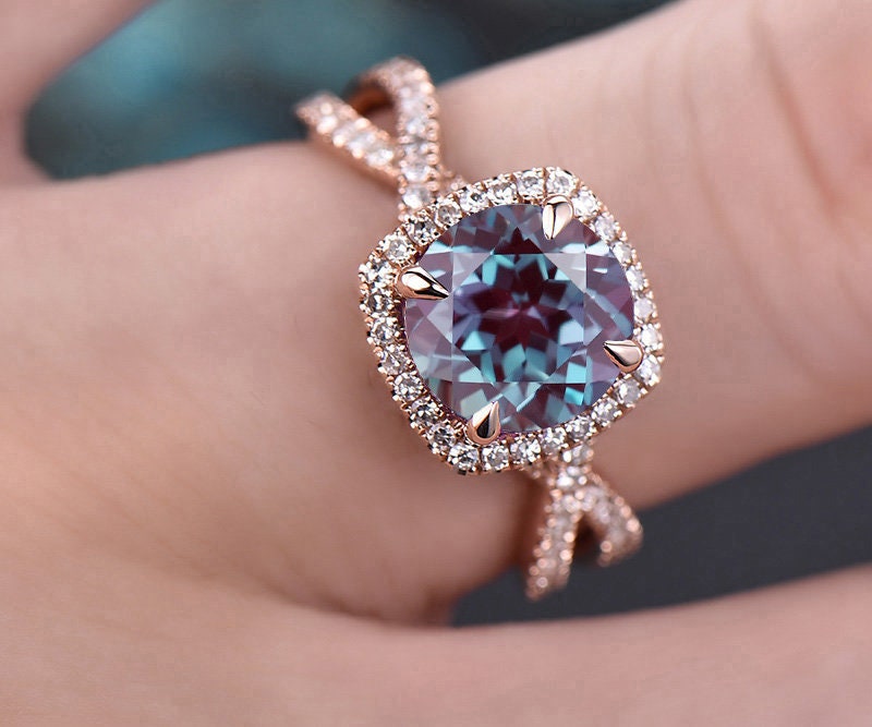Unique infinity diamond halo ring round Alexandrite engagement ring rose gold color change Alexandrite ring gold anniversary ring for women