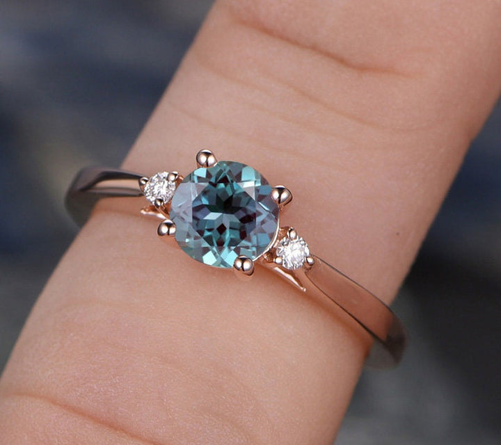 Round Alexandrite engagement ring rose gold three stone engagement ring real diamond ring Alexandrite ring gold anniversary gift for her