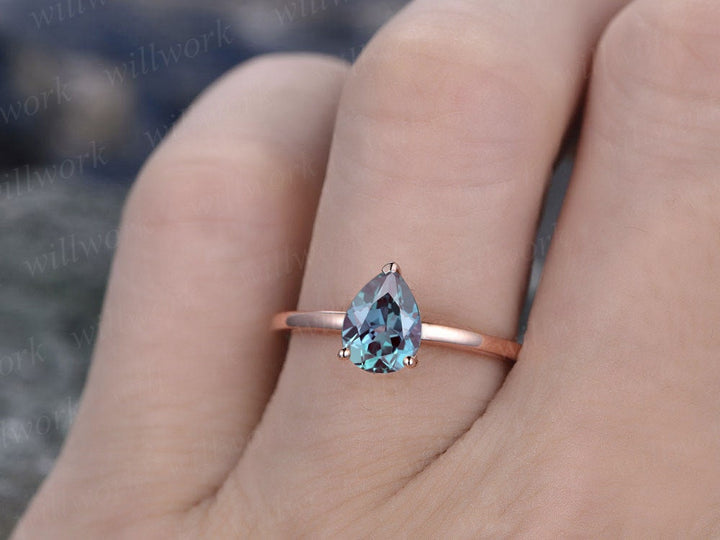 Alexandrite engagement ring solitaire tear drop Alexandrite ring vintage solid 14k rose gold ring June birthstone wedding Anniversary ring