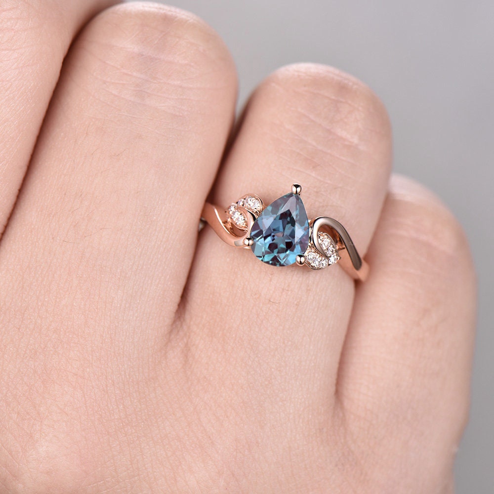 Flower antique Alexandrite ring gold vintage pear cut Alexandrite engagement ring rose gold real diamond June birthstone wedding women ring