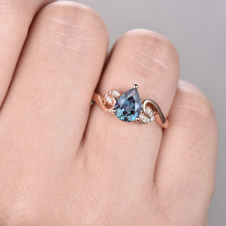 Flower antique Alexandrite ring gold vintage pear cut Alexandrite engagement ring rose gold real diamond June birthstone wedding women ring