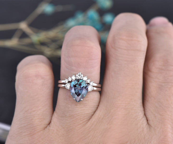 Teardrop alexandrite ring vintage moissanite three stone engagement ring alexandrite engagement ring solid rose gold June birthstone ring