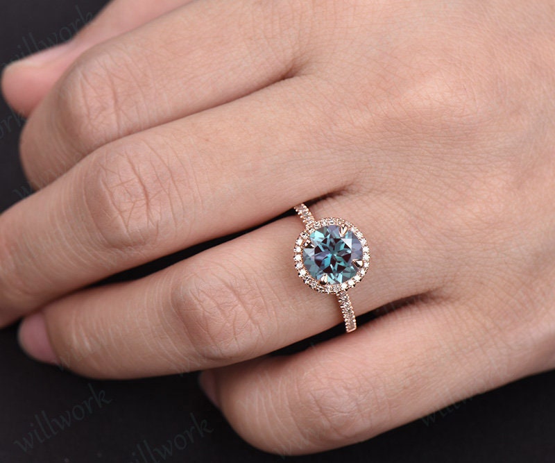 Diamond halo ring unique Alexandrite engagement ring rose gold 8mm round cut Alexandrite ring vintage June birthstone ring anniversary ring