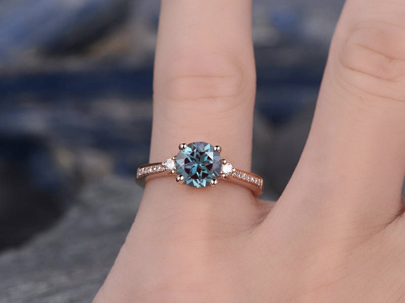 Three stone engagement ring Alexandrite engagement ring rose gold real diamond ring vintage June birthstone ring wedding anniversary ring