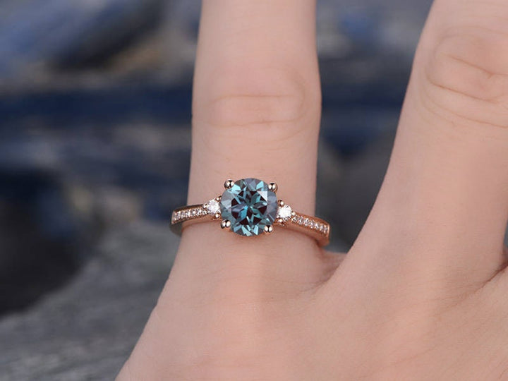 Three stone engagement ring Alexandrite engagement ring rose gold real diamond ring vintage June birthstone ring wedding anniversary ring