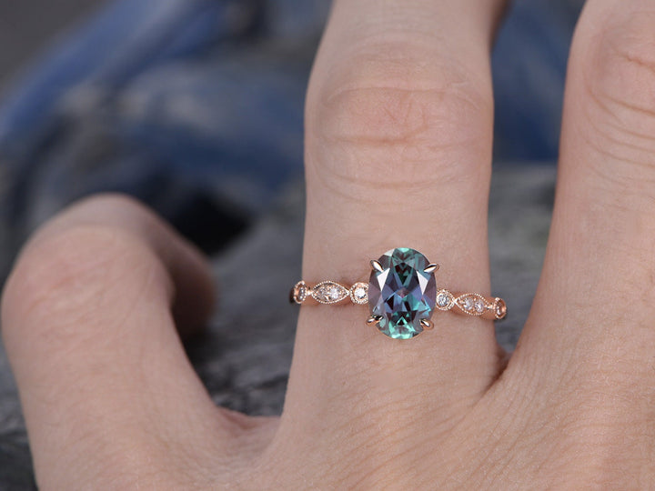 Oval Alexandrite engagement ring solid 14k rose gold Alexandrite ring gold vintage art deco diamond ring June birthstone bridal wedding ring