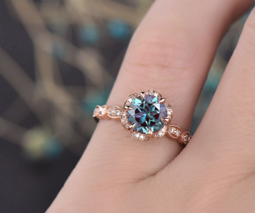 Unique diamond under halo ring round Alexandrite engagement ring rose gold art deco ring June birthstone ring anniversary ring gift for her