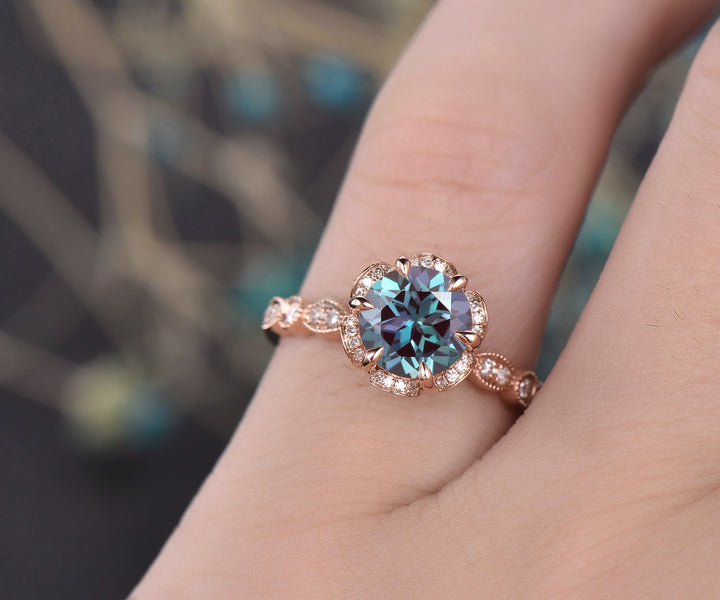 Unique diamond under halo ring round Alexandrite engagement ring rose gold art deco ring June birthstone ring anniversary ring gift for her
