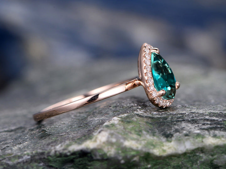 Pear cut emerald engagement ring rose gold real diamond halo ring May birthstone ring emerald wedding ring anniversary ring jewelry gift
