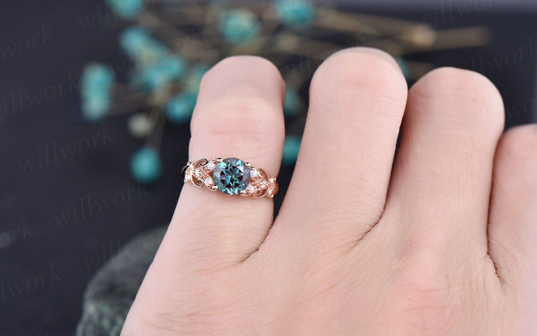 Unique vintage Alexandrite engagement ring rose gold butterfly leaf flower ring milgrain diamond opal ring women unique wedding ring jewelry