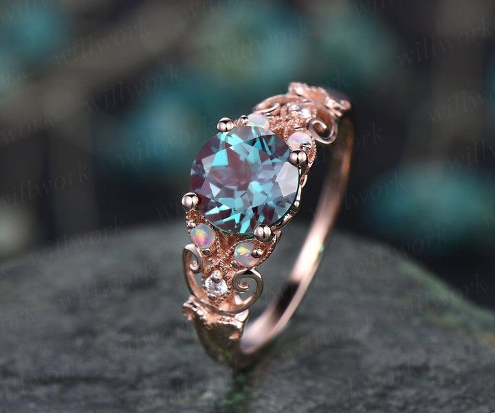 Unique vintage Alexandrite engagement ring rose gold butterfly leaf flower ring milgrain diamond opal ring women unique wedding ring jewelry